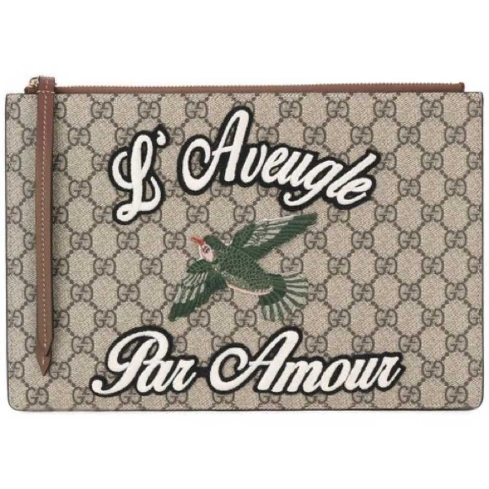 Gucci Canvas Leather Monogram Beige L'Aveugle Par Amour Pouch / Clutch